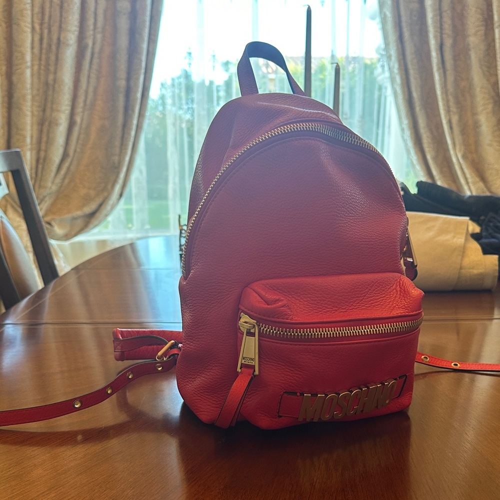 Moschino Red Genuine Leather Mini Backpack with Gold Hardware 9”x11”x5” - Picture 3 of 15